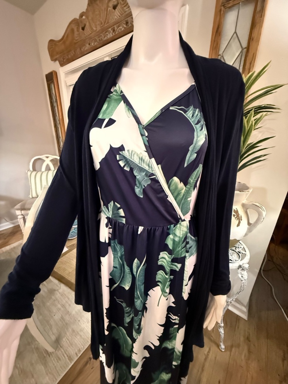 Navy Tropical Print Wrap-Style Maxi Dress with Cardigan